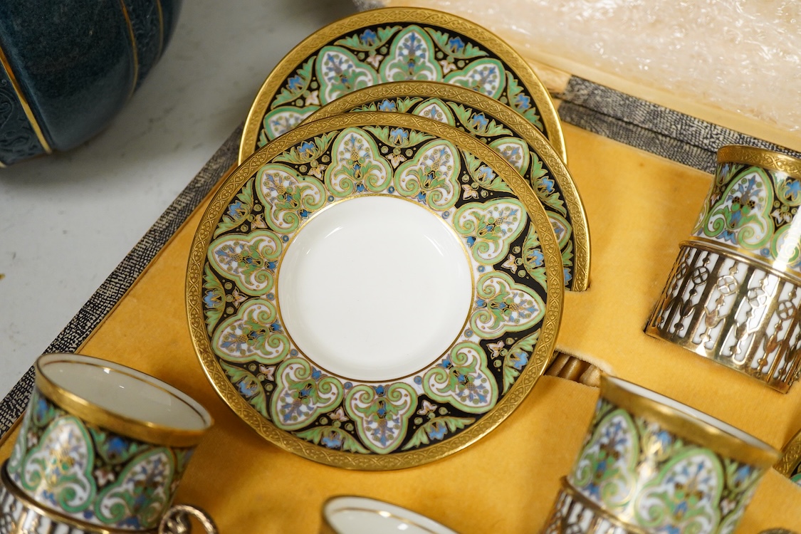 A Wedgwood silver mounted coffee set and a Royal Worcester powder blue vase - 24cm high.